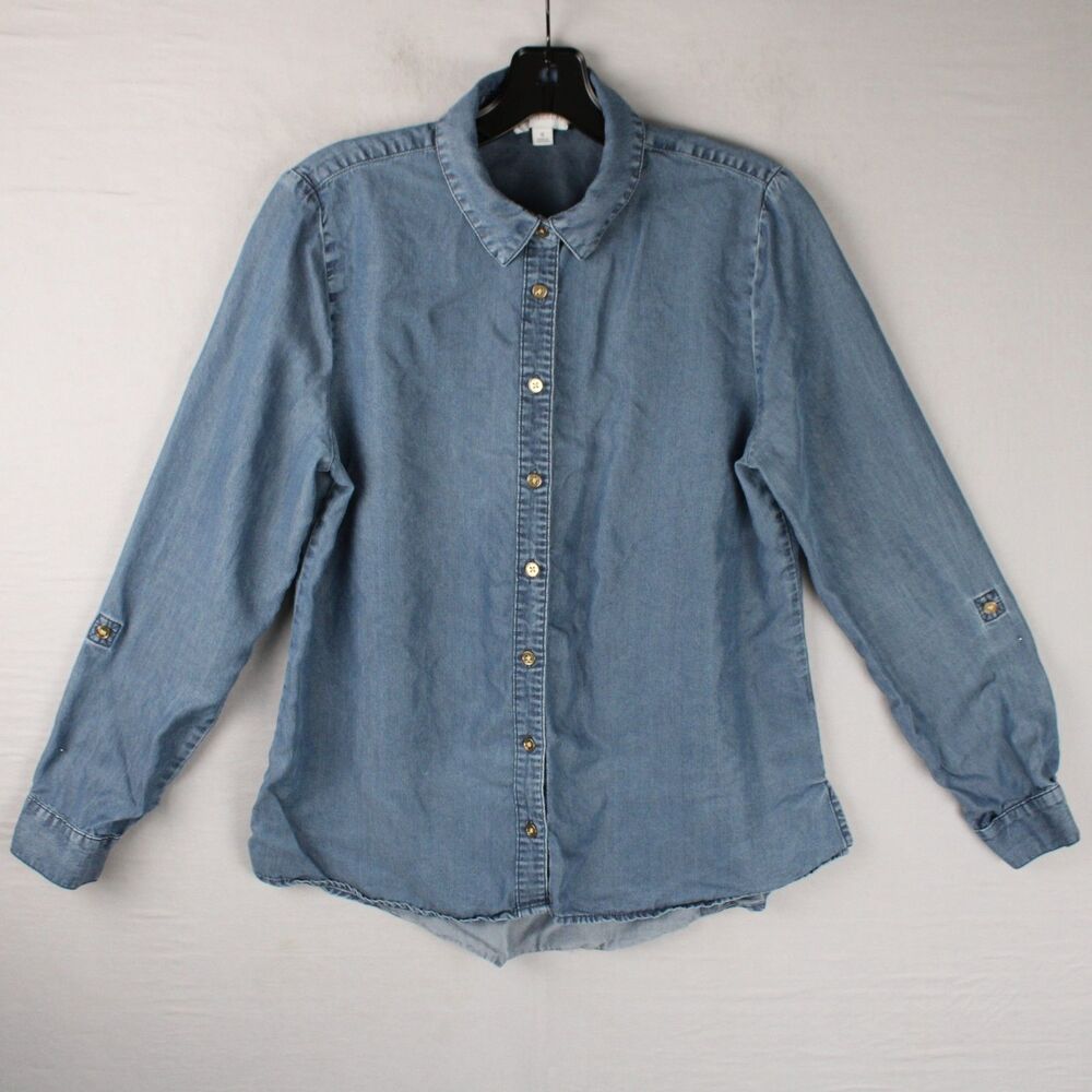 Madison  Grey Chambray Button-Up Shirt Long Sleeve Blue Roll Tab Size Small